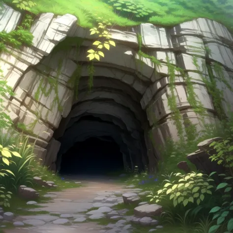 manhwa-scenery, branch, bush, day, (cave), forest, grass, nature, no humans, outdoors, path, plant, road, rock, scenery, sunlight, tree,
 (((masterpiece))), (highest quality), best quality, highres, 8K, extremely detailed, Digital Art, (Hyper-Detailed Background:1.2),  (intricate details), award-winning, hyper-detailed, (illustration:1.1), (cinematic lighting)