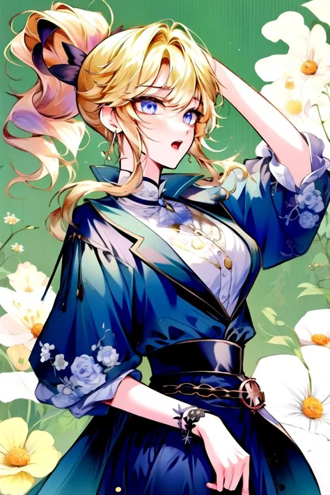 <lora:Jean_Epoch8:1>, <lora:ManhwaMegaUltimate:0.8>,  
((shoujo-style, shoujo, floral background, romance manhwa)), detailed hair, shiny hair, 1girl, arm up, belt, blonde hair, blue eyes, breasts,  blue jacket, pants, hand on own hip, high ponytail,medium breasts, open clothes, open jacket, open mouth, pants, ponytail, shadow, shirt, short sleeves, simple background, solo, standing, white background, white shirt, jean genshin impact,  cowboy shot,