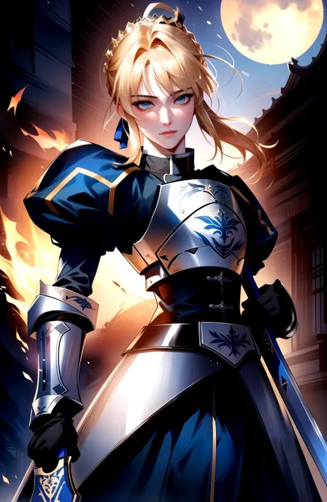 <lora:ManhwaMegaUltimate:0.8>,  
((fantasy, fantasy-style)), ((artoria pendragon \(fate\), saber)), fire, solo, ((holding sword, holding shield)), armor,  shoulder armor, standing, looking at viewer, black pants, blonde hair, green eyes, ((cowboy shot, )), muscular female, dynamic pose, (outdoors, night, street, east asian architecture, night sky, moon), 
(Highres), 8K, Detailed, Ambient Light, Digital Art, Soft Lighting, (Hyper-Detailed Background:1.2), Messy Hair, (Mature Face:1.4), (beautiful face:1.15), (((masterpiece))), (highest quality), ((perfect face))