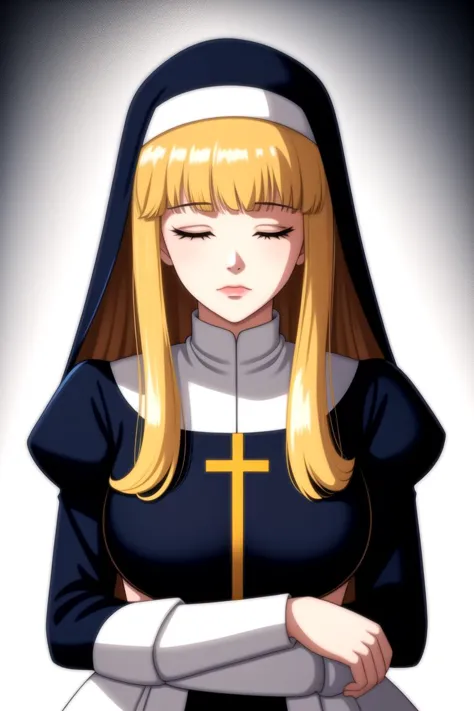 fantasy-style, 1girl, nun, solo, closed eyes, long hair, blonde hair, habit, praying, own hands together, white background, own hands clasped, simple background, upper body, breasts, long sleeves, puffy sleeves, closed mouth, cross, juliet sleeves, bangs