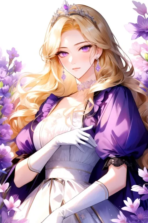 <lora:ManhwaMegaUltimate:0.8>
shoujo-style, shoujo, floral background, romance manhwa, 1girl, blonde hair, solo, long hair, flower, dress, tiara, white dress, gloves, long sleeves, choker, purple eyes, white gloves, purple bow, purple flower, wavy hair, standing, bow, jewelry, looking at viewer, white background, closed mouth, collarbone, puffy sleeves, own hands together, upper body, parted bangs, very long hair, purple dress, frills, bangs, cowboy shot