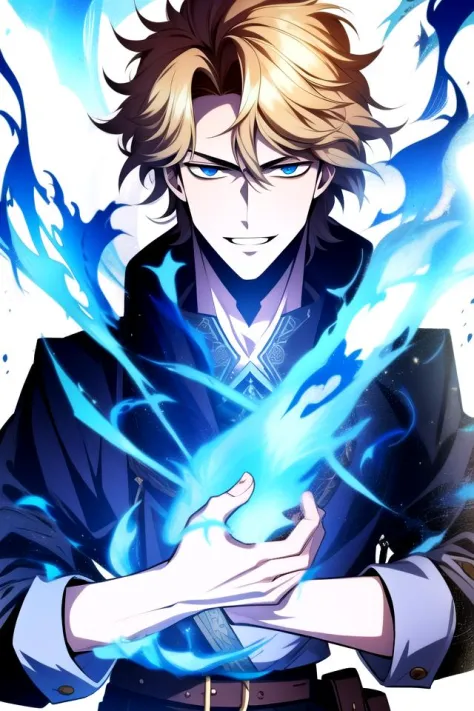 <lora:ManhwaMegaUltimate:1>, 
fantasy, fantasy-style, reiatsu, 1boy, male focus, solo, blue eyes, aura, looking at viewer, upper body, blonde hair, smile, fire, magic, parted lips, blue fire, belt
 (((masterpiece))), (highest quality), best quality, highres, (intricate details), 8K, ((perfect face)), (Mature Face:1.4), (beautiful face:1.15), detailed eyes, messy hair