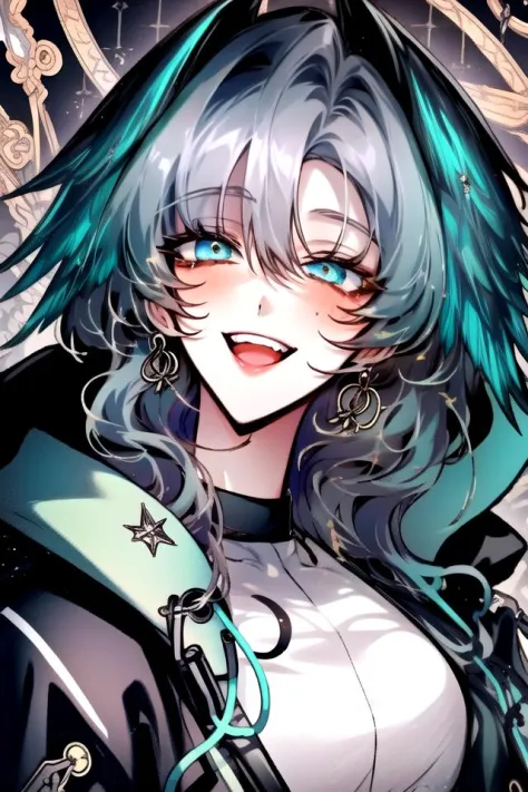 <lora:arknights-Holhaya:1>, <lora:ManhwaMegaUltimate:0.8>,  
((shoujo-style, shoujo, floral background, romance manhwa)), detailed hair, shiny hair, 1girl, :d, black jacket, blue eyes, blush, fangs, grey hair, hair between eyes, head wings, hood, hood down, jacket, long hair, looking at viewer, open mouth, portrait, raised eyebrows, sidelocks, slit pupils, smile, solo, teeth, ho'olheyak arknights,