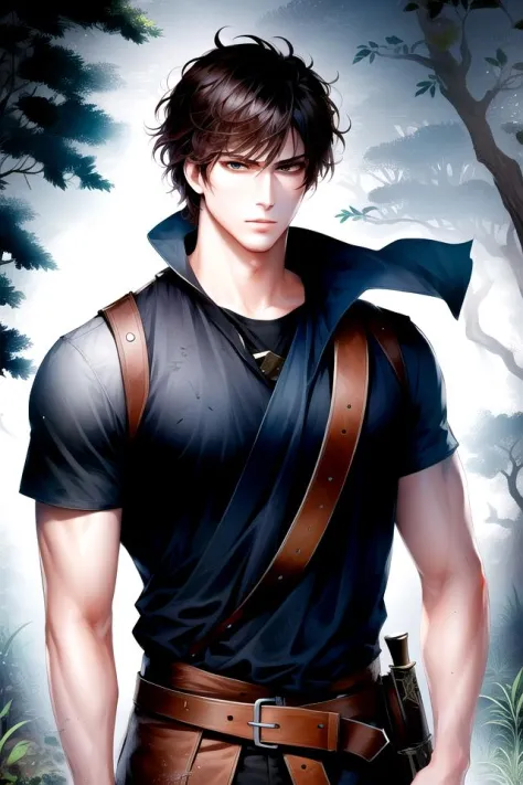 <lora:ManhwaMegaUltimate:1>, 
(fantasy, fantasy-style), 1boy, male focus, solo, black hair, short hair, black eyes, closed mouth, standing,  bangs, looking at viewer, angry, 
weapon, sword, holding sword, bandaged arm, torn clothes, 
belt, cape, short hair, ((cloak, armor)), short sleeves, dirty clothes, brown belt, bandages, shirt, pants, 
(cowboy shot), 
tree, outdoors, nature, forest, day, sunlight, plant, scenery, bush, leaf, 
 (((masterpiece))), (highest quality), best quality, highres, (intricate details), 8K, ((perfect face)), (Mature Face:1.4), (beautiful face:1.15), detailed eyes, messy hair