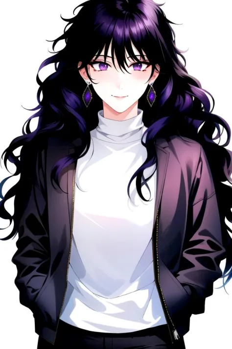 a woman with long black hair and purple eyes wearing a jacket