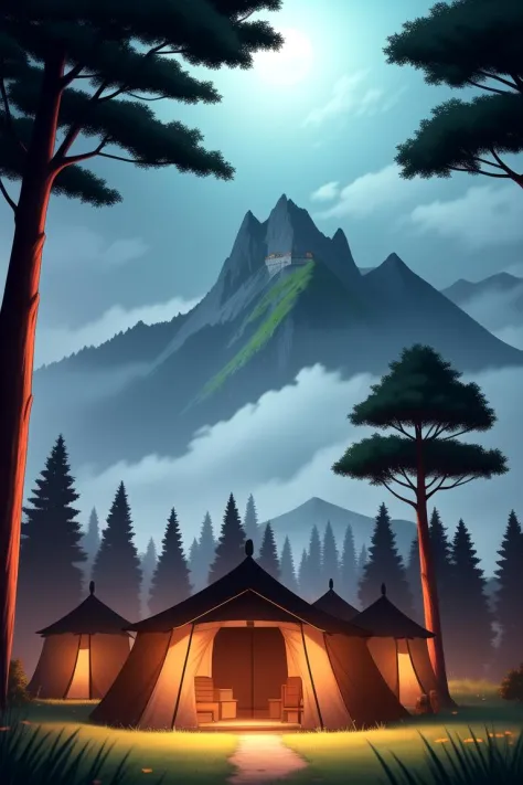 a tent in the woods with a mountain in the background