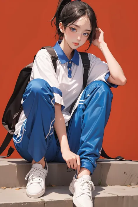 1girl,solo,full body,red background,,ruanyi0533,backpack,blue pants,collared shirt,short sleeves,striped,sneakers,high ponytail,sitting on stairs,<lora:0533 Shen Jiayi_v1:1>, best quality,masterpiece,highres,official art,extremely detailed cg unity 8k wallpaper