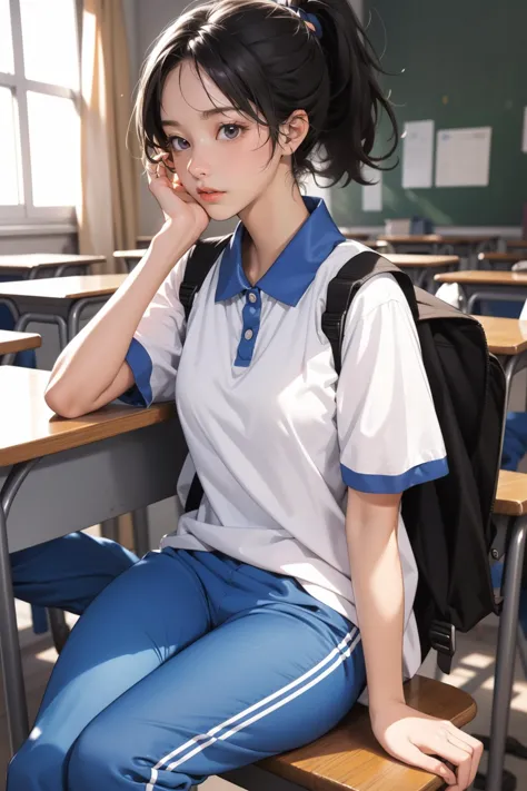 1girl,solo,,ruanyi0533,backpack,blue pants,collared shirt,short sleeves,striped,sneakers,high ponytail,cowboy shot,indoors,school,classroom,school desk,sitting,<lora:0533 Shen Jiayi_v1:1>, best quality,masterpiece,highres,official art,extremely detailed cg unity 8k wallpaper