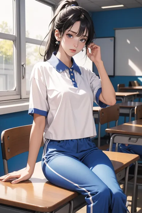 arafed asian woman sitting on a desk in a classroom