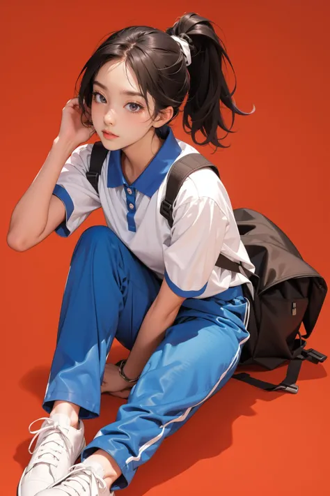 1girl,solo,full body,red background,,ruanyi0533,backpack,blue pants,collared shirt,short sleeves,striped,sneakers,high ponytail,lying,from above,<lora:0533 Shen Jiayi_v1:1>, best quality,masterpiece,highres,official art,extremely detailed cg unity 8k wallpaper