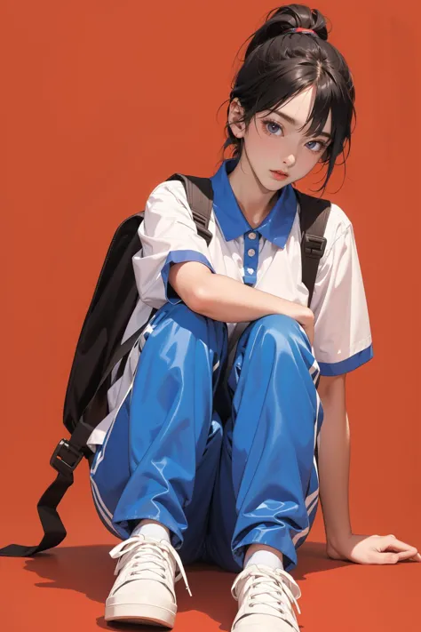 1girl,solo,full body,red background,,ruanyi0533,backpack,blue pants,collared shirt,short sleeves,striped,sneakers,high ponytail,sitting on desk,<lora:0533 Shen Jiayi_v1:1>, best quality,masterpiece,highres,official art,extremely detailed cg unity 8k wallpaper