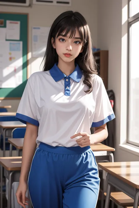 a woman in a white shirt and blue pants standing in a classroom