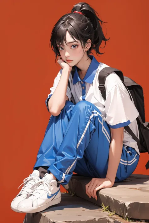 1girl,solo,full body,red background,,ruanyi0533,backpack,blue pants,collared shirt,short sleeves,striped,sneakers,high ponytail,sitting on rock,<lora:0533 Shen Jiayi_v1:1>, best quality,masterpiece,highres,official art,extremely detailed cg unity 8k wallpaper