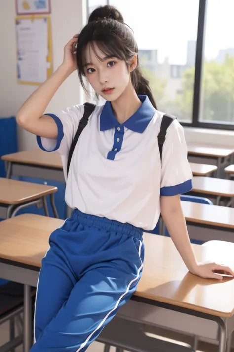 1girl,solo,,ruanyi0533,blue pants,collared shirt,short sleeves,striped,sneakers,cowboy shot,indoors,school,classroom,school desk,<lora:0533 Shen Jiayi_v1:1>, best quality,masterpiece,highres,official art,extremely detailed cg unity 8k wallpaper