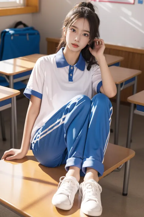 1girl,solo,,ruanyi0533,blue pants,collared shirt,short sleeves,striped,sneakers,cowboy shot,indoors,school,classroom,school desk,sitting,<lora:0533 Shen Jiayi_v1:1>, best quality,masterpiece,highres,official art,extremely detailed cg unity 8k wallpaper