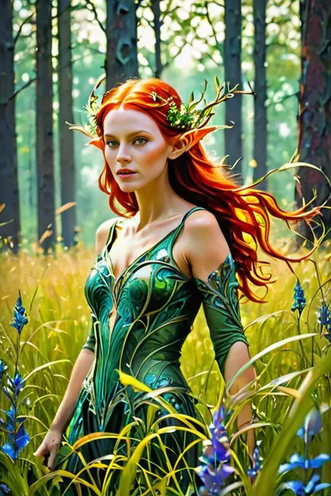 beautiful woman, red hair, forest in background, flowers, intricate details, masterpiece, hyper realistic, realism, photography,...