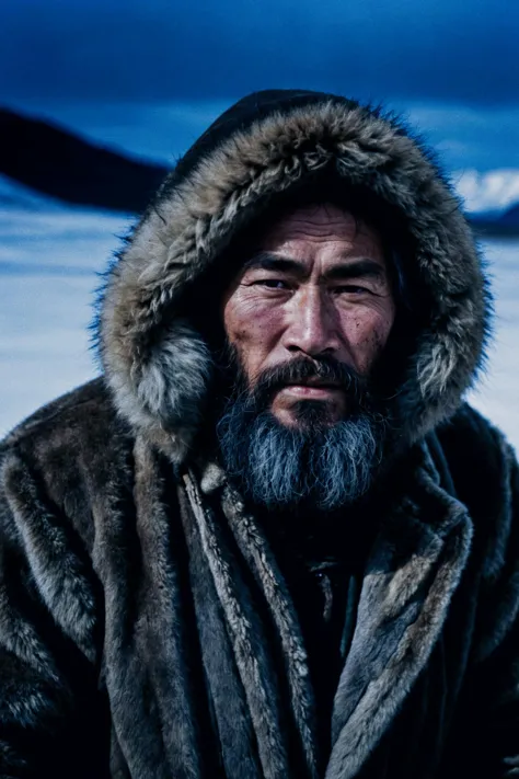 arafed man in a fur coat standing in a snowy field