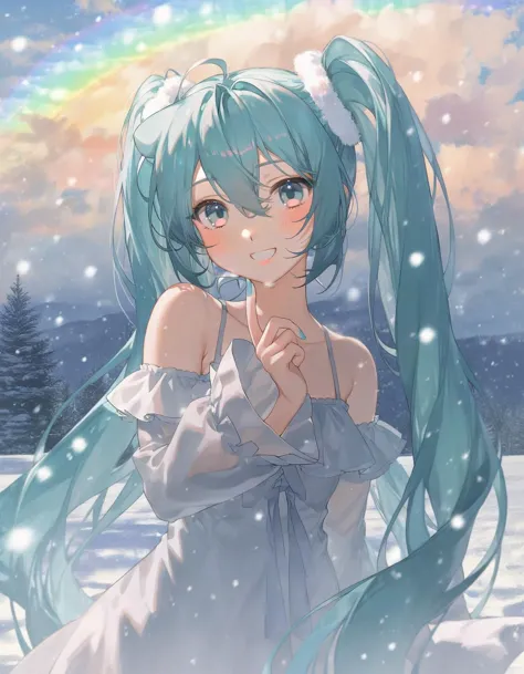 1girl, solo, hatsune miku, aqua hair, aqua hair, upper body, white dress, off shoulder, looking at viewer, smile, blush, snow, s...