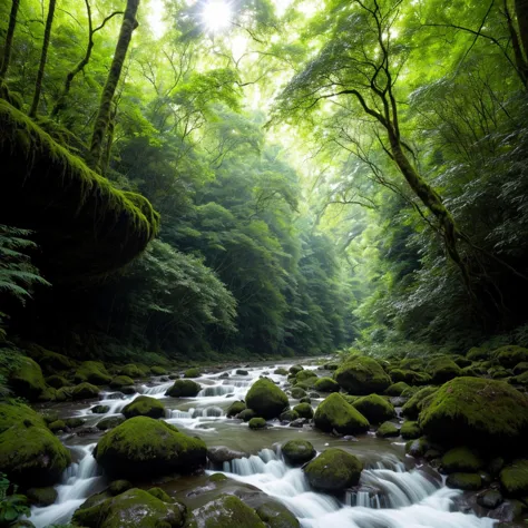 a close up of a stream running through a lush green forest