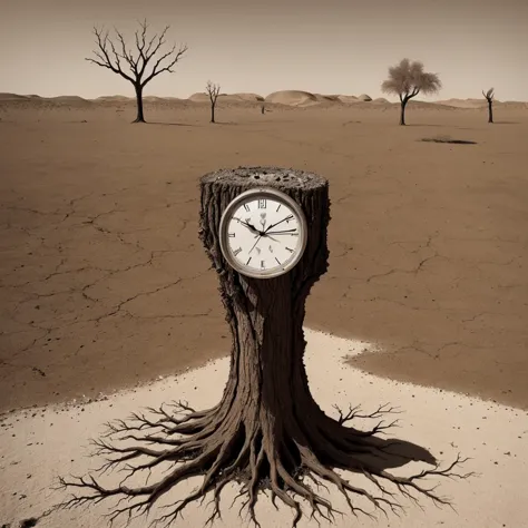 Surrealist painting, melting clocks, trees, barren, dry, time, decay, surreal melting clock, surreal melting tree clock, surreal decay, barren tree, desert, dry, sand, desert, surreal decay of time, surreal melting melting time decay, surreal melting time desert