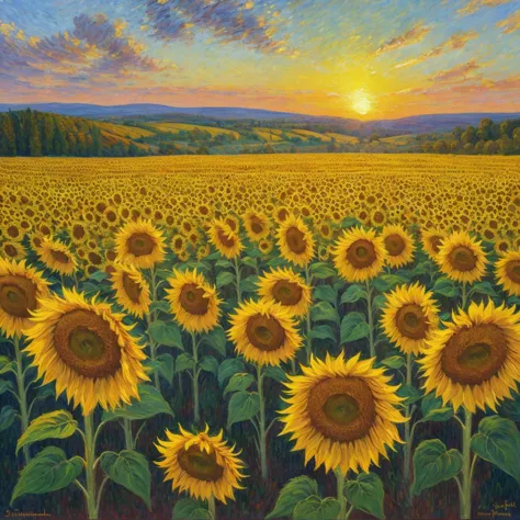 impressionism depiction of sunflowers, sunlit field, soft warm light, long shadows, soft brushstrokes, painterly style, impressi...