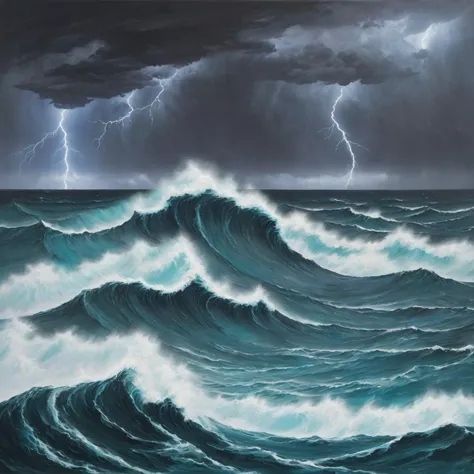 expressionist painting, ocean, storm, waves, ships, sea, sky, water, ocean storm, dark sky, dramatic, rain, lightning, thunder, ...