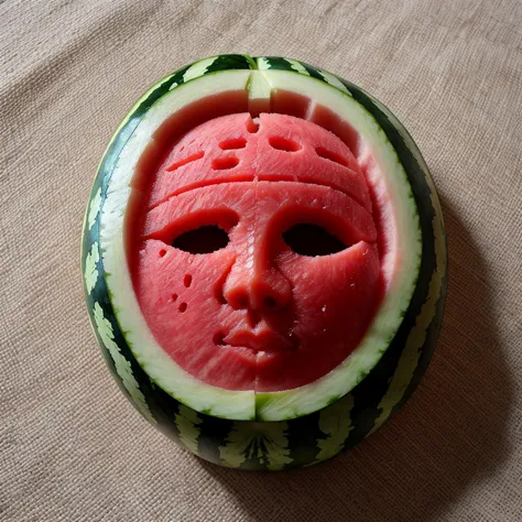 ( head made from watermelon), hyperrealistic detailed food carving, realistic, photo, food photography, 8k, masterpiece, ((watermelon carving)), watermelon skin, red watermelon fruit inside carving, food art