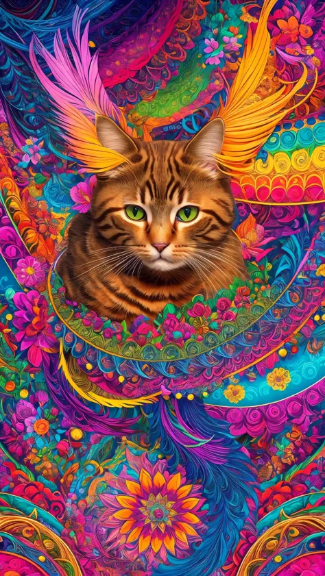 masterpiece, top quality, best quality, official art, beautiful and aesthetic, (cat catcore:1.3), extremely detailed, fractal art, colorful flowers, highest detailed, zentangle, dynamic pose, abstract background, many colors, earrings, feathers