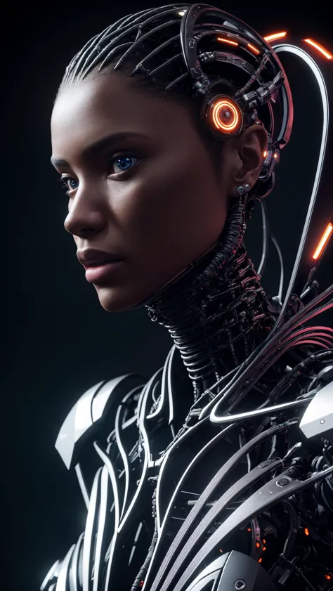 a woman in a futuristic suit with glowing wires and glowing eyes