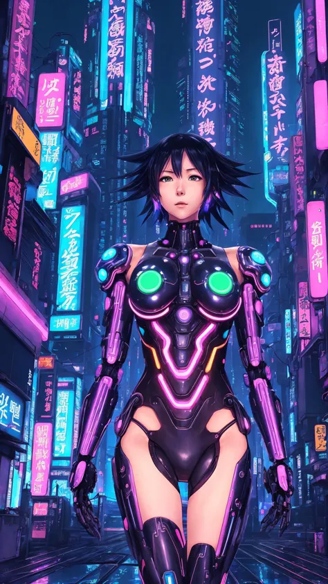 Cybernetic humanoid female, neon-lit futuristic cityscape, vibrant techno-signage with Asian characters, deep blue and pink color scheme, glowing circuitry on body, advanced technology theme, night-time urban setting, holographic elements, intricate mechanical details, dynamic pose, expressive facial features, anime-inspired aesthetics, dynamic art by yoshitaka amano, makoto shinkai, studio ghibli, cinematic rearview of cortana posing dynamically in a cyberpunk armor looking up at a tall cyberpunk neo tokyo well lit highrise building, filled with neon signs, SLIGHT SMILE, front view, Cyberpunk with anime influences, closeup, blue tint, rainbow small details, (((2d))),(((chaotic shapes of the background, matrix like numbers))), painted, portrait of an anime person, aesthetic, wlop, trending on artstation, deviantart, anime key visual, 8k uhd