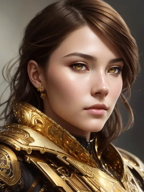 8k portrait of beautiful cyborg with brown hair, intricate, elegant, highly detailed, majestic, digital photography, art by artgerm and ruan jia and greg rutkowski surreal painting gold, broken glass, (masterpiece, sidelighting, finely detailed beautiful eyes: 1.2), hdr