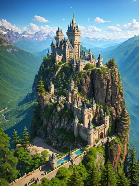 a forbidden castle high up in the mountains, pixel art, (intricate details:1.12), hdr, (intricate details, hyperdetailed:1.15), ...