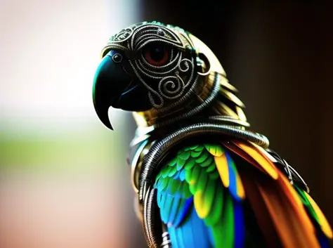 a cute parrot made out of metal, (cyborg:1.1), ([tail | detailed wire]:1.3), (intricate details), hdr, (intricate details, hyperdetailed:1.2), cinematic shot, vignette, centered