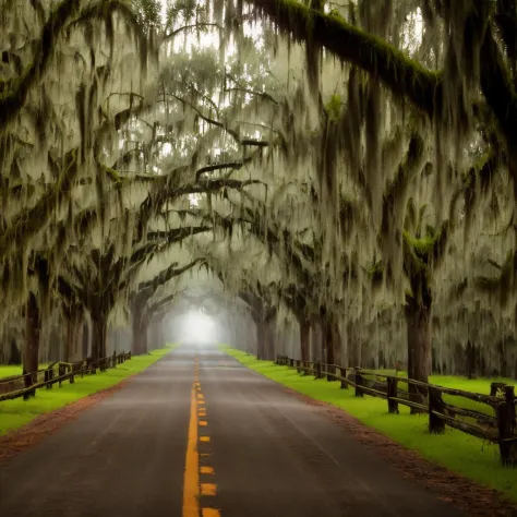 swamp, thick louisiana moss trees, willow, backlight, solarpunk, road, symmetrical