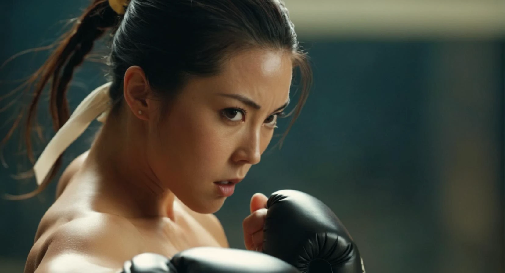 Une femme dans un ring de boxe avec une queue de cheval et des gants -  SeaArt AI