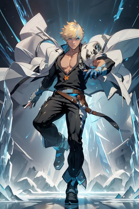 <lora:guiltygear_kykiske:1> ggkykiske, white jacket, jacket on shoulders, blue gloves, black pants, belt, collarbone, pectorals,...