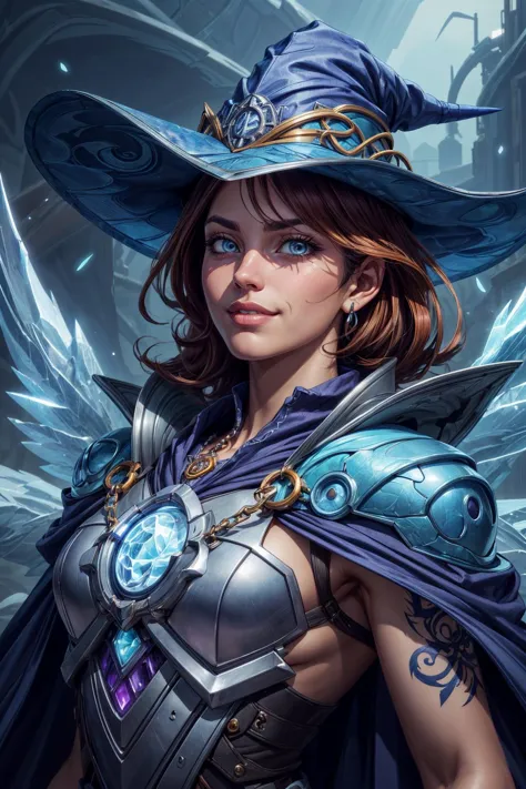 a woman in a blue hat and blue cape with wings