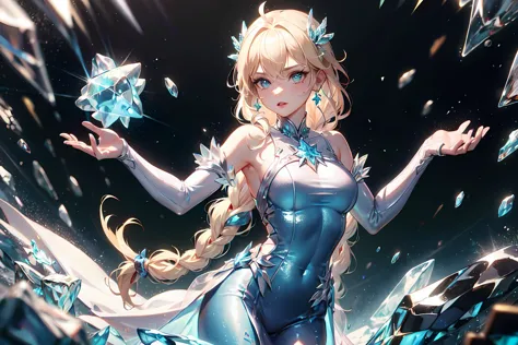 masterpiece, best quality, official art, (hand by Guido Daniele), extremely detailed CG unity 8k wallpaper, elsa, disney princess, platinum blonde hair, long braid, blue glittering long dress,  <lora:FrostRaceTech-20:0.5> frostracetech, cryogenic, ice