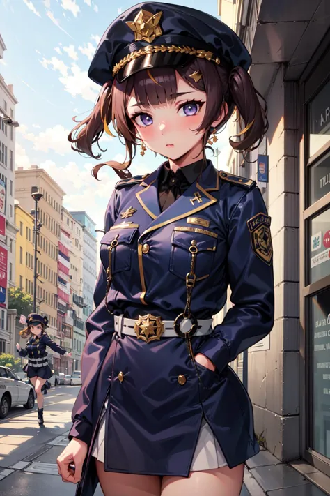 anime girl in uniform standing on the street with a gun