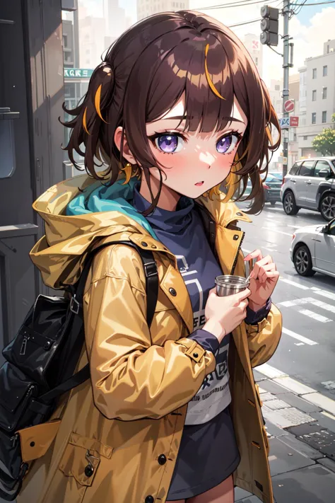 anime girl with brown hair and blue eyes standing on a city street