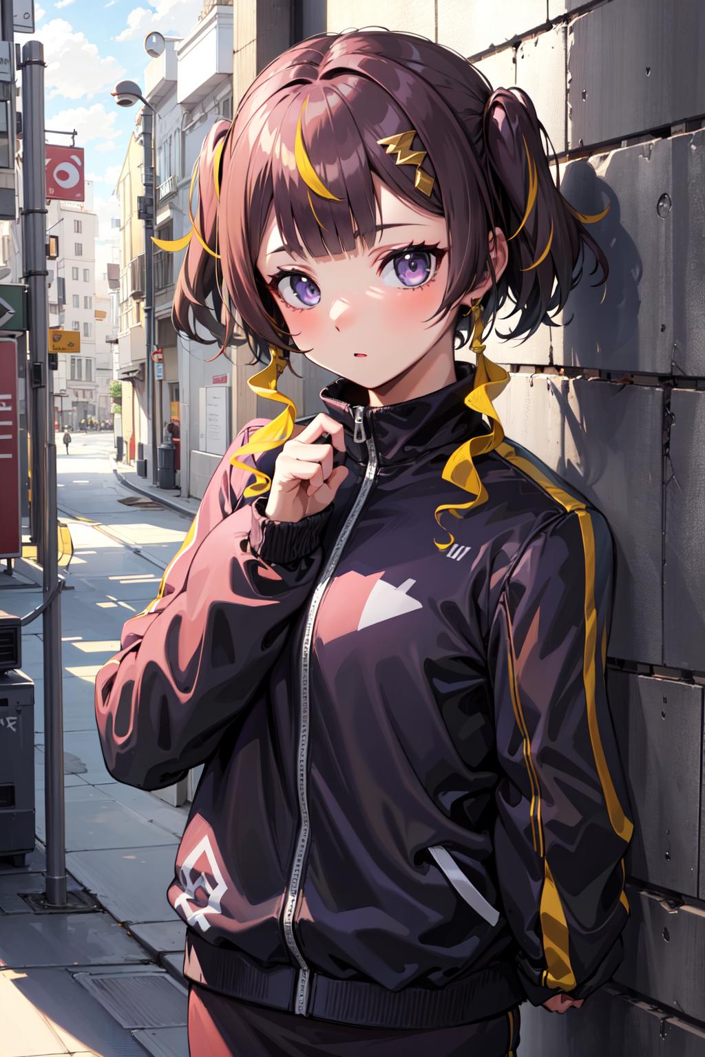 Anime girl in a black and yellow jacket leaning against a wall - SeaArt AI