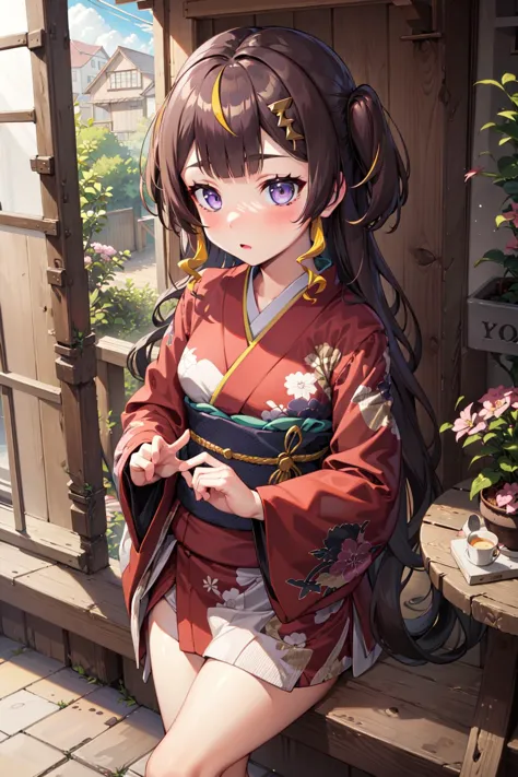 anime girl in kimono outfit standing on steps with flowers