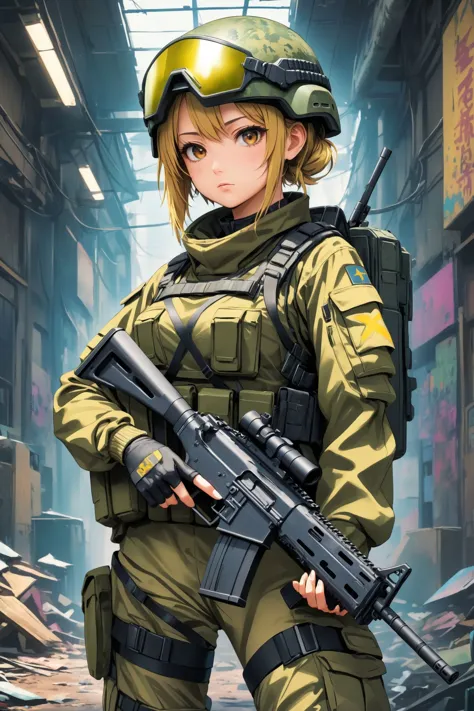anime artwork masterpiece, best quality, HDR, soldier girl, , holding an assault rifle military armor, ratnik, kevlar helmet, ca...