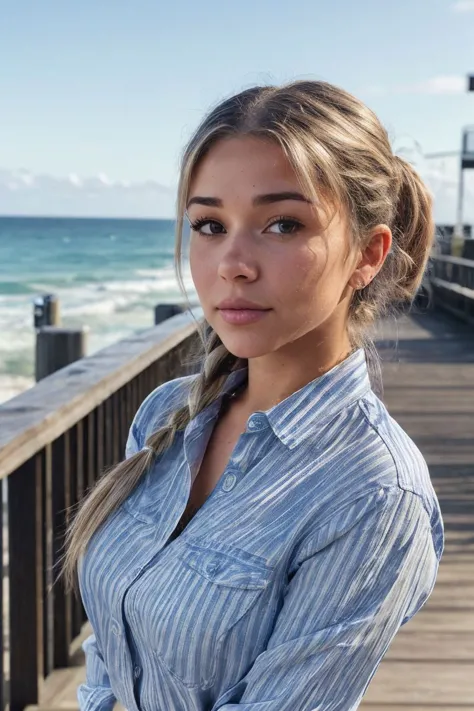 headshot of S017_BreckieHill_v2,a stunning woman,on a (boardwalk:1.1),wearing a (striped-shirt:1.1),braid,(8k, RAW photo, best q...