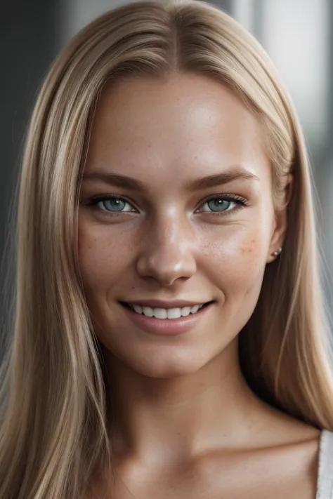 full portrait of a young Norwegian woman, smiling, skin pores, dramatic lighting, ambient occlusion, high level of detail, intri...