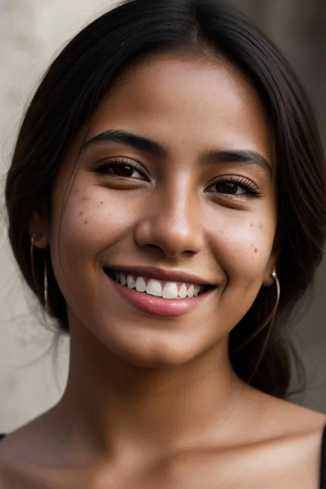 Foto retrato completo de una joven mexicana., sonriente, poro de la piel, iluminación dramática, ambient occlusion, Alto detalle, detalles intrincados de la piel, imperfecciones de la piel, grano de la película.