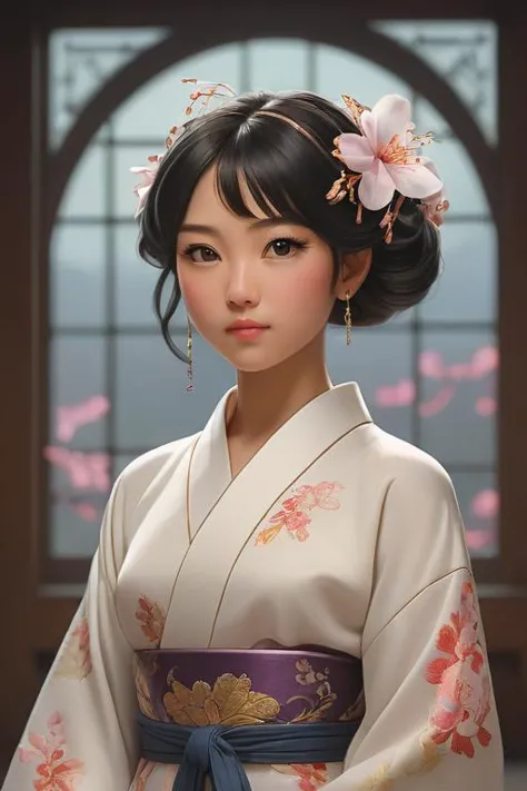 Peinture numérique ultra réaliste de Yumi la Disciple Astral dans un royaume japonais futuriste. Graceful Japanese teenage fille with lithe dancer's physique and golden-brown topaz eyes. Elle porte un sous-kimono en microfibres nacrées avancées qui régulent la température grâce à des circuits subtils dans le col lumineux brodé d&#39;argent.. Un kimono en soie arachnéenne flotte au-dessus, de délicates fleurs métalliques coulant le long de l&#39;ourlet. Un casque en fleurs de cerisier contient des cristaux qui brillent doucement dans ses cheveux noirs flottants. Des pantoufles à bout fendu complètent le look, des ferronneries chargées de pierres précieuses s&#39;enroulant dans un feuillage qui palpite au rythme de ses mouvements de danse. Des nébuleuses colorées et des phénomènes cosmiques flottent en arrière-plan à travers d&#39;énormes fenêtres cintrées. Peint dans l&#39;élégant, styles très détaillés de Greg Rutkowski et d&#39;Alphonse Mucha pour représenter l&#39;héritage japonais et le décor futuriste de Yumi. tout le corps, fille, dansant, fond de scène CyberpunkAI, couche de zoom des seins au néon