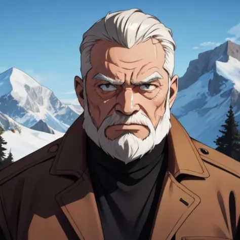 a old grumpy man, rough, bearded, portrait, mountain background, sharp, extreme detailed, HD, HDR, 4K, masterpiece, high quality, high resolution, breathtaking, award-winning, professional