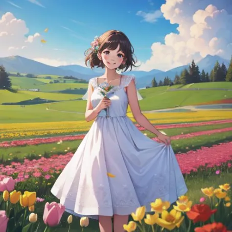 happy girl with a flowing dress in a field of flowers, sharp, extreme detailed, HD, HDR, 4K, masterpiece, high quality, high resolution, breathtaking, award-winning, professional