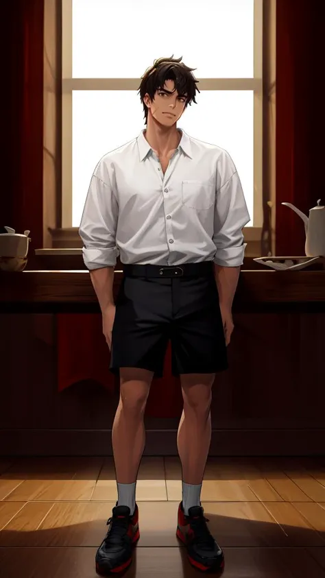 1boy,ganning,white shirt,masterpiece,best quality,highres,looking_at_viewer,rim light,incredibly absurdres,macro_shot,,shorts,